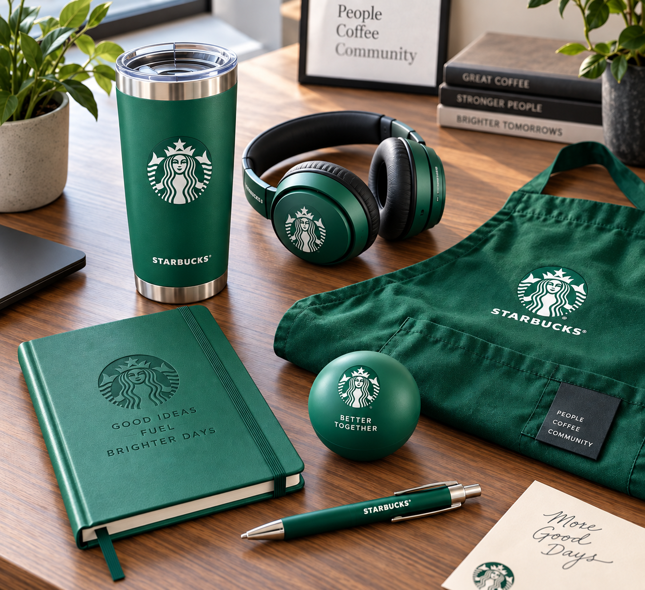 Branded drinkware, headphones, notebook, apron and pen in a coordinated merchandise set