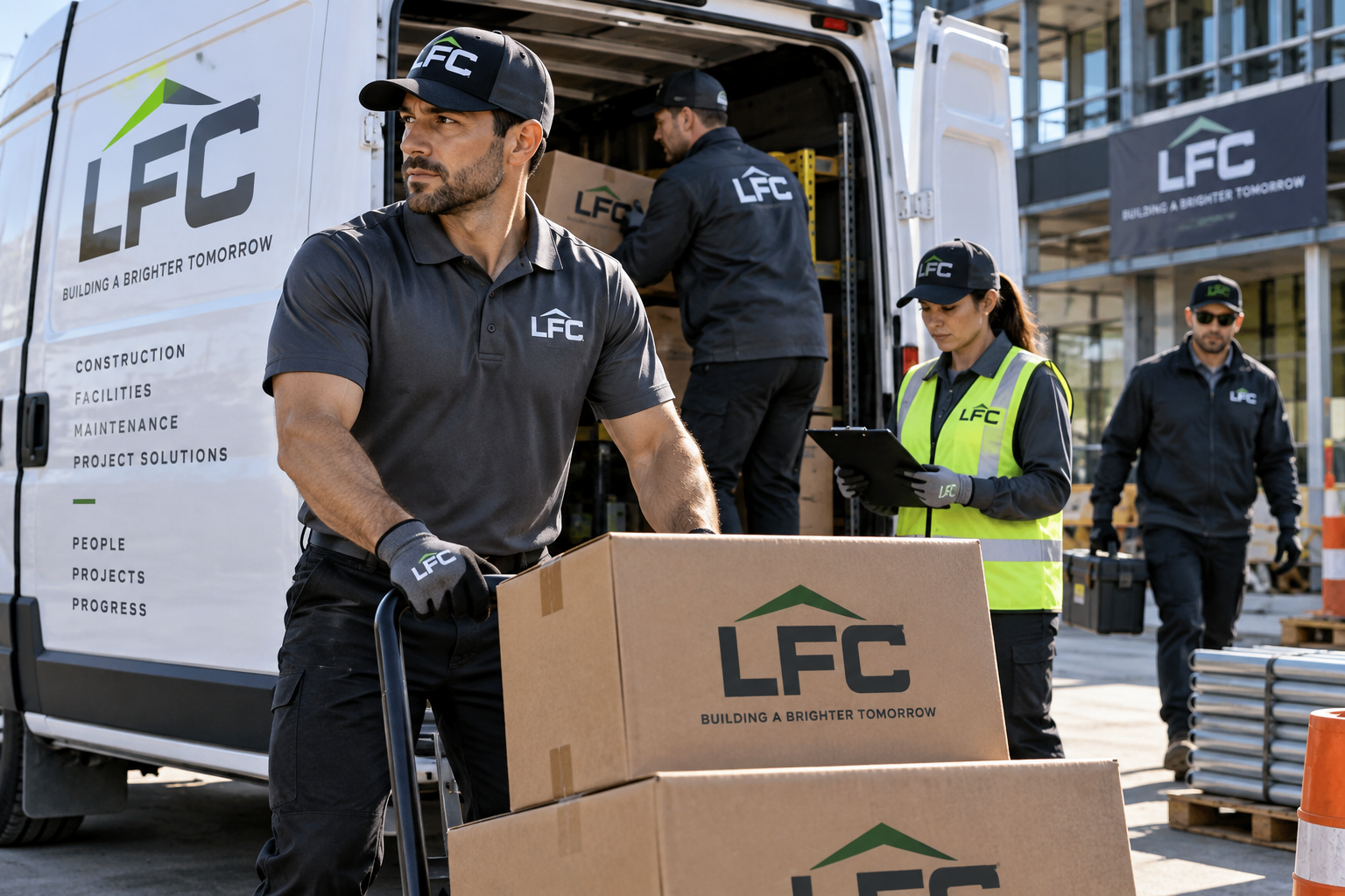 Field services crew in coordinated embroidered polos, jackets, caps and safety vests