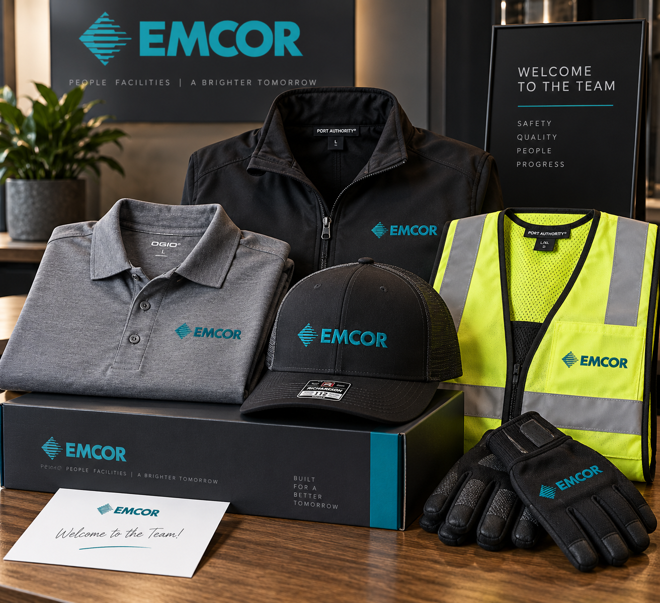 Branded onboarding gift kit with apparel, cap, vest, gloves and welcome card