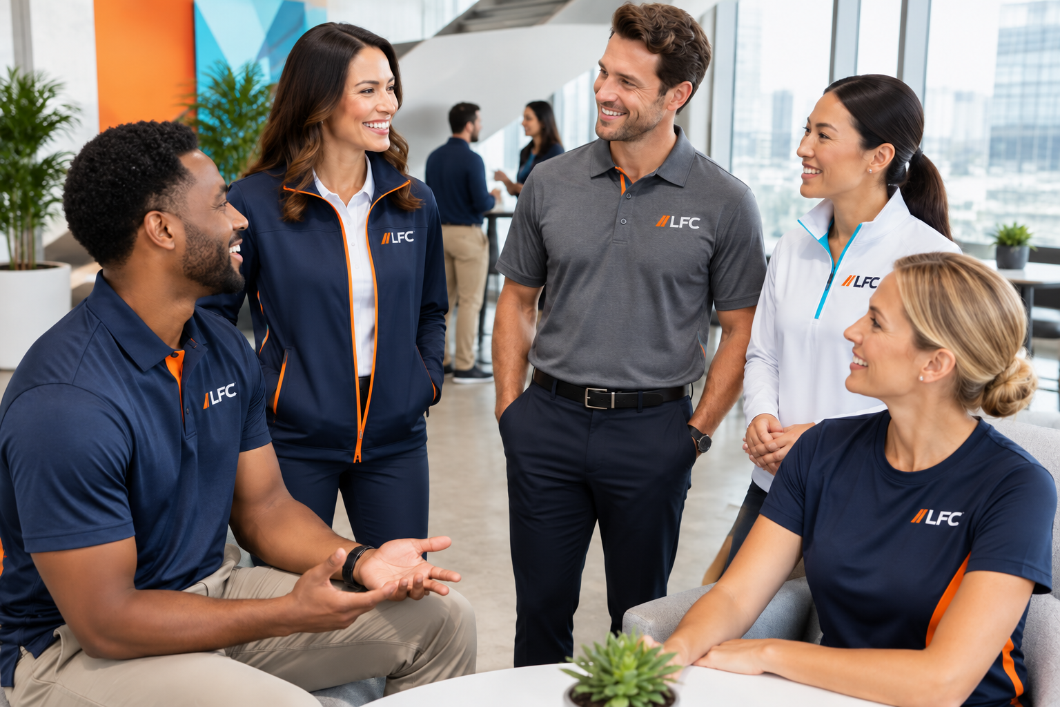 Corporate team in coordinated branded polos, jackets and quarter-zips