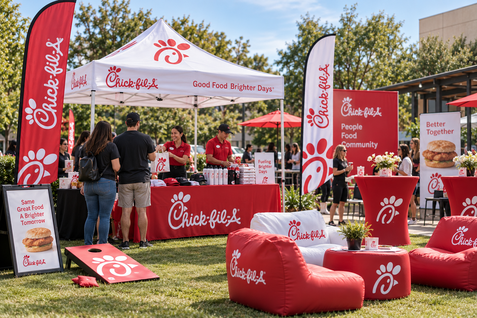 Outdoor brand activation with branded tent, feather flags, banners, table covers and signage