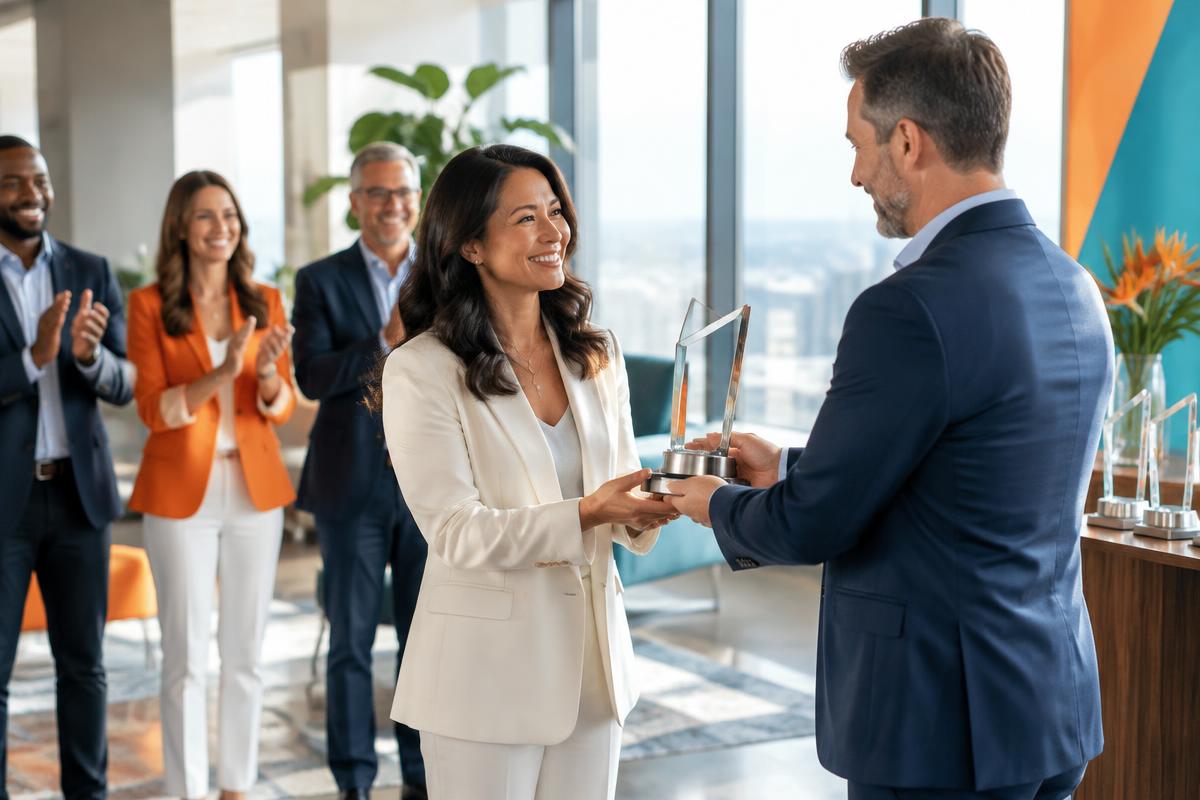 Corporate leader presenting a custom award to an employee