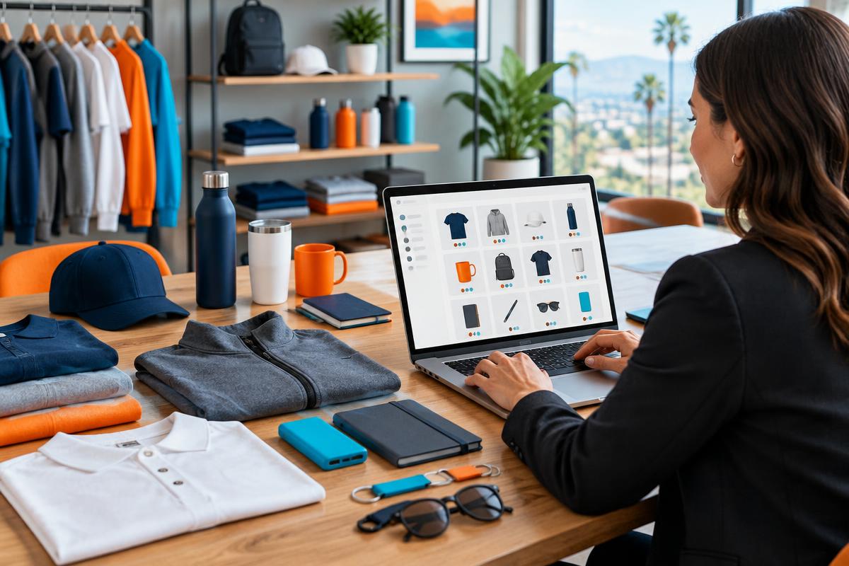 Program manager reviewing an approved company merchandise collection