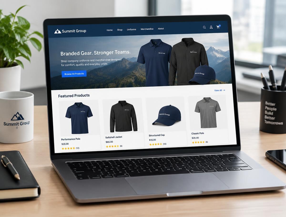 Laptop displaying a company uniform and merchandise online store