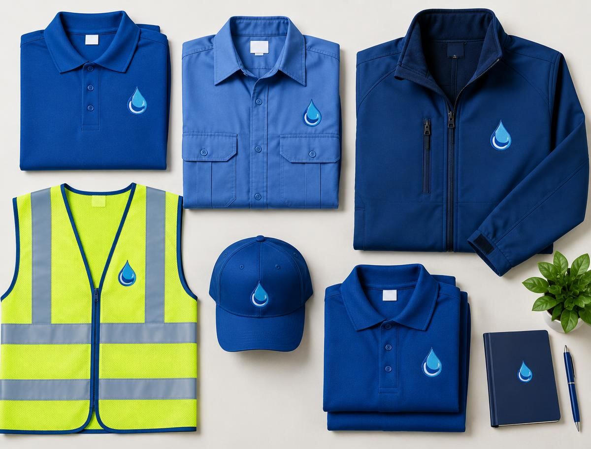 Branded corporate workwear bundle with polos, work shirt, jacket, cap and hi-vis vest