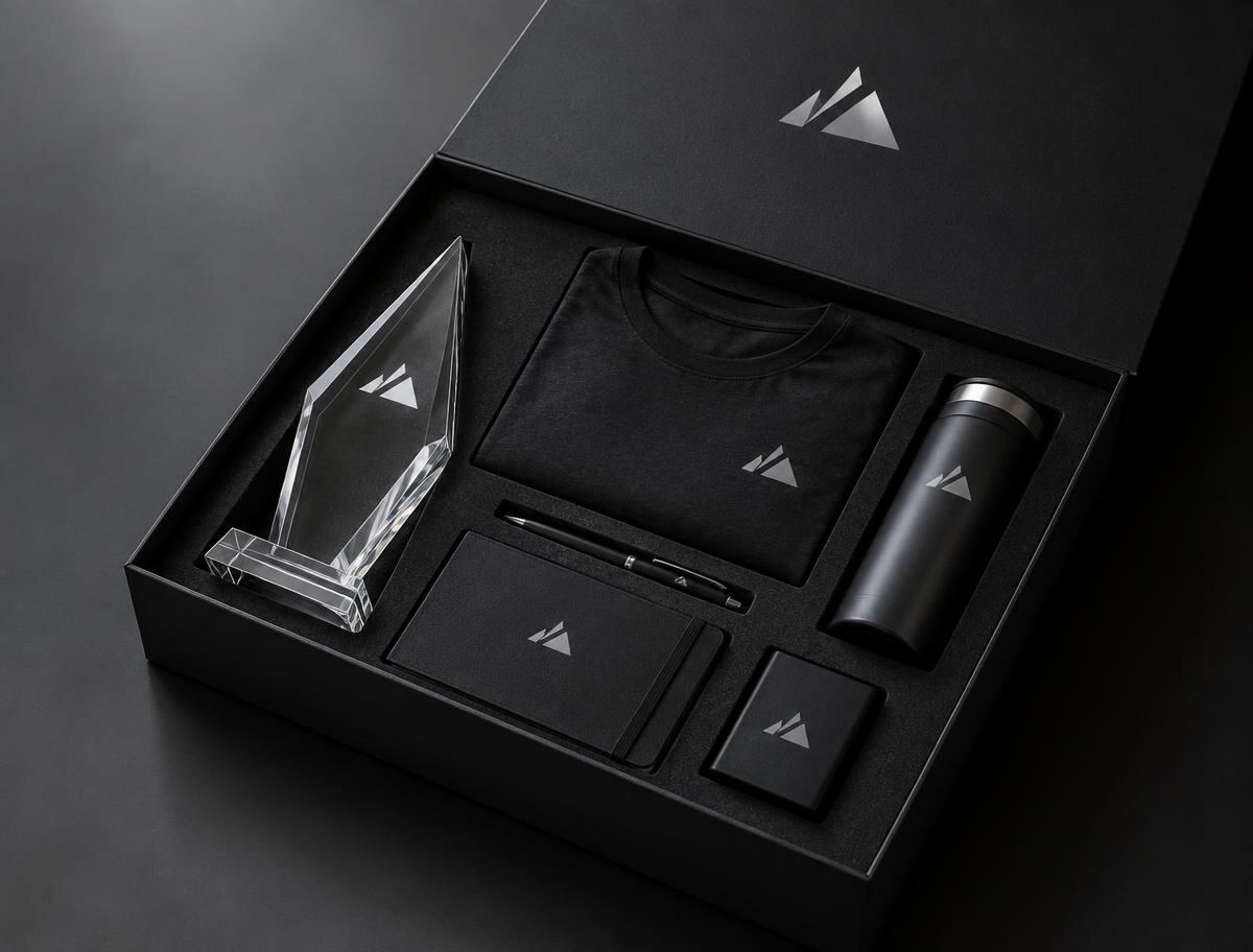 Custom logo box opened to reveal a crystal award, branded t-shirt and merchandise