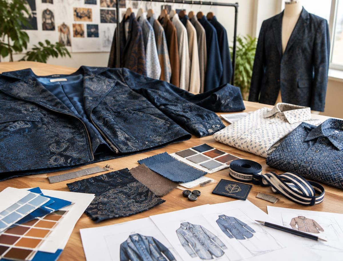 Custom-manufactured jacket and shirts with fabric swatches, woven labels and trims on a design table