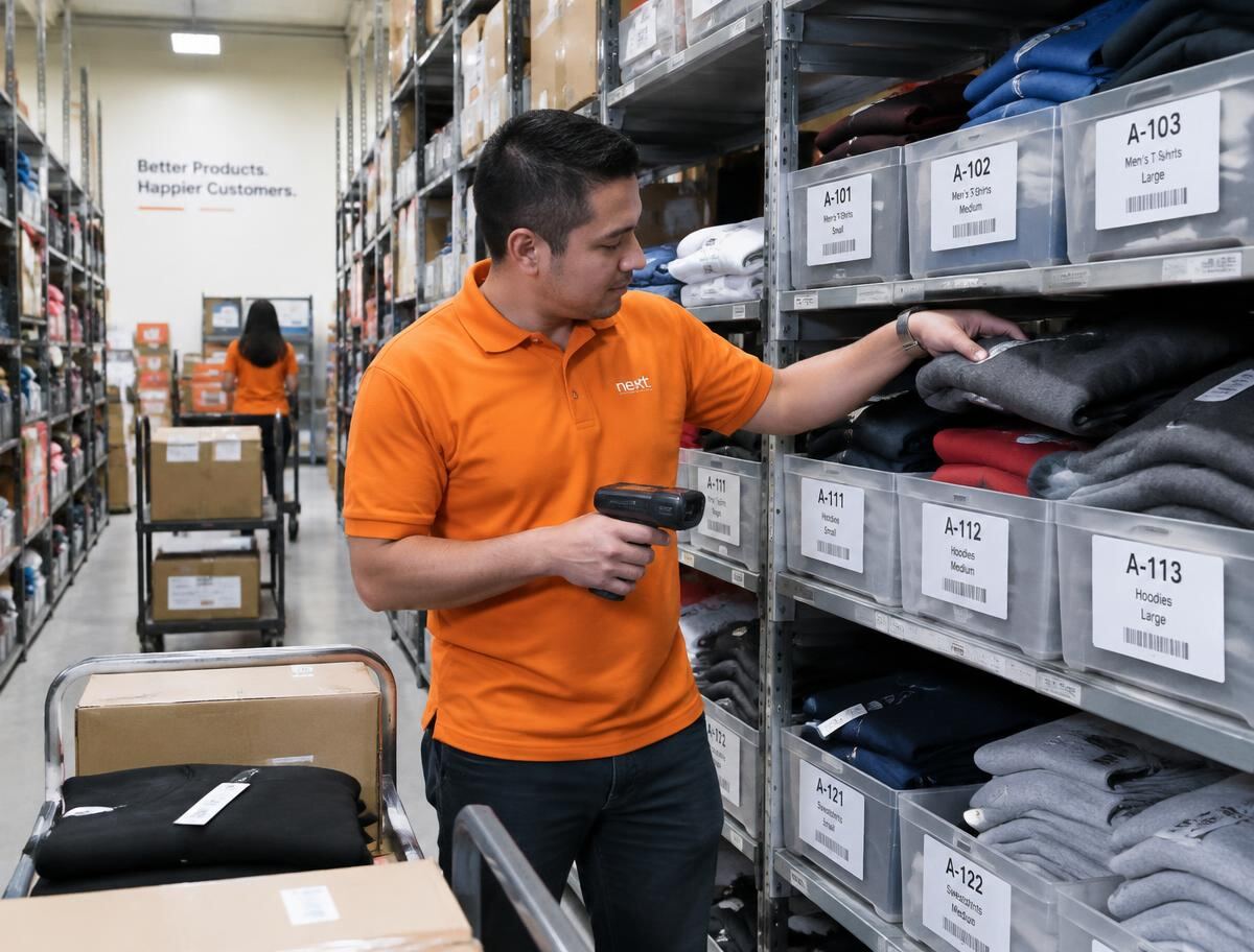 Team member scanning and picking apparel from organized warehouse shelving