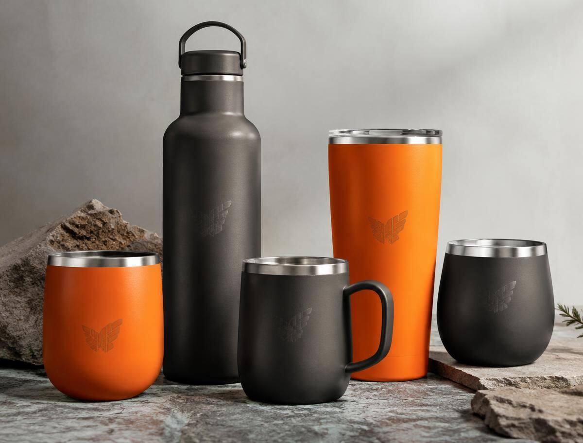 Branded insulated tumblers, bottle and mugs in charcoal and orange