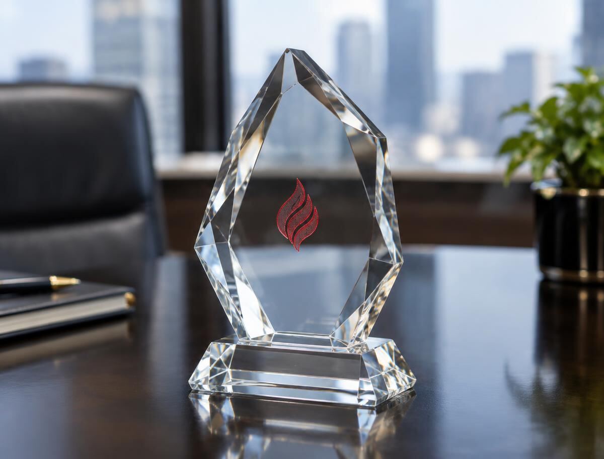 Faceted crystal employee recognition award with an etched red emblem on an executive desk