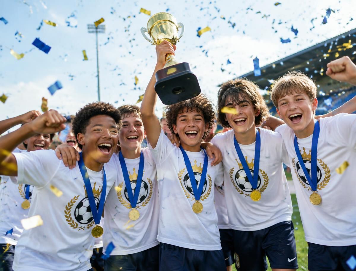 Championship soccer team celebrating with a trophy in matching champions t-shirts