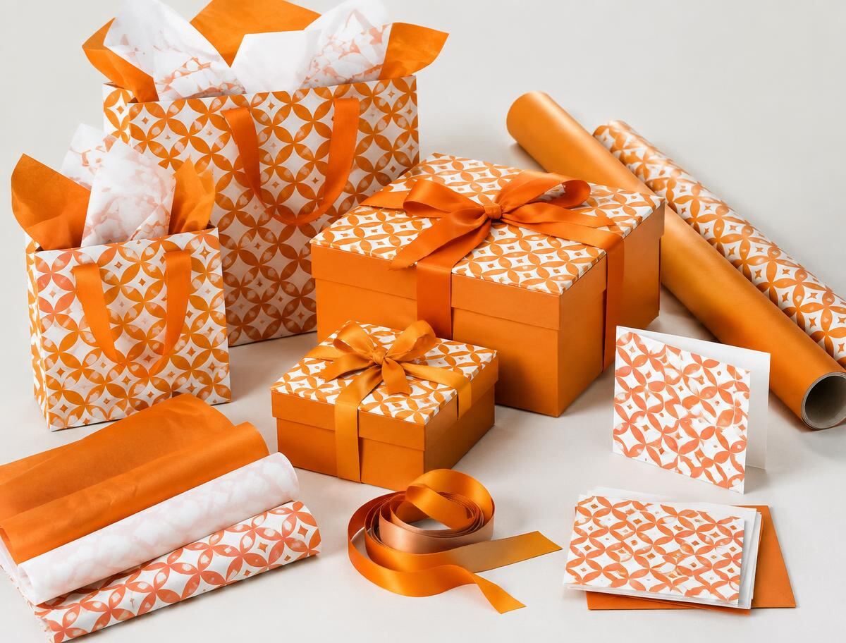Coordinated branded gift bags, boxes, wrapping paper, tissue, ribbon and cards