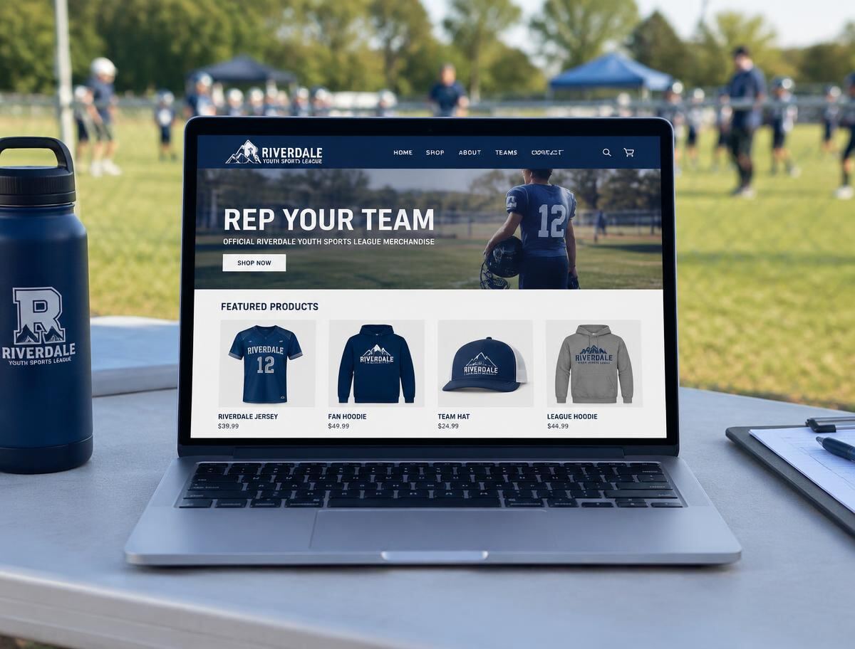 Laptop at a sports field showing a youth league merchandise store