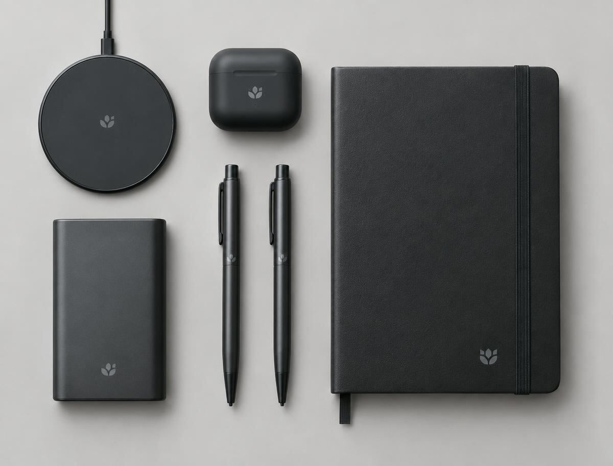 Coordinated branded tech accessories, notebook and pens in matching charcoal