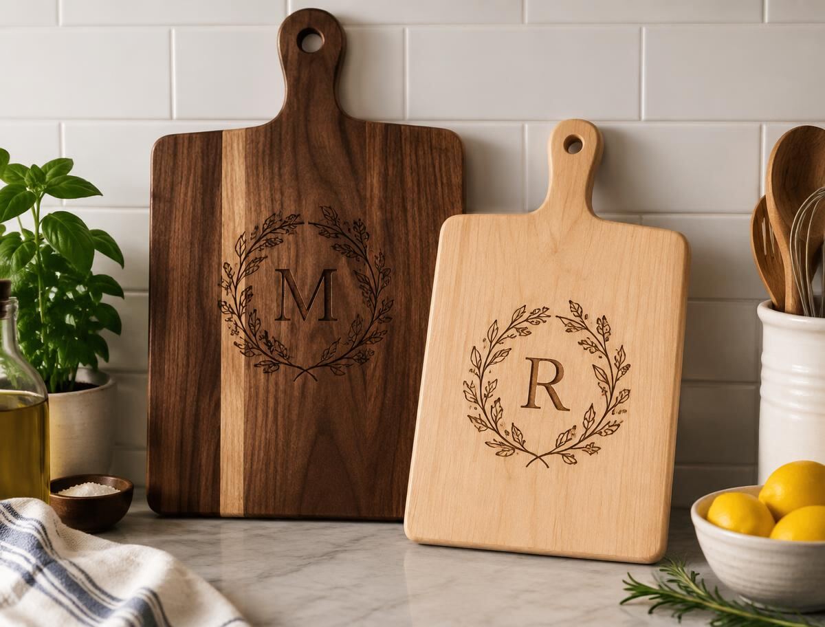 Walnut and maple cutting boards with engraved monograms