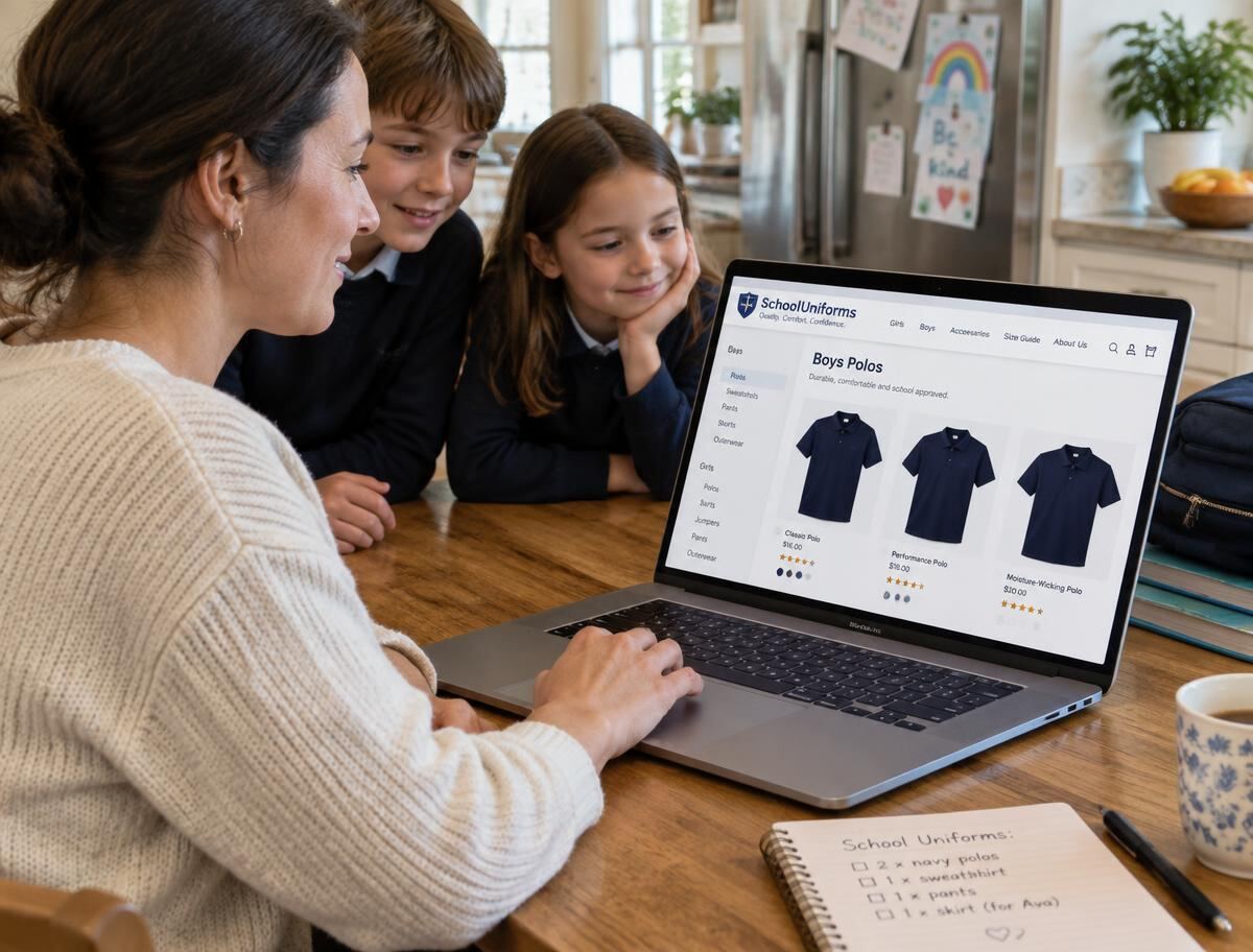 Parent ordering school uniforms on a laptop with two children watching