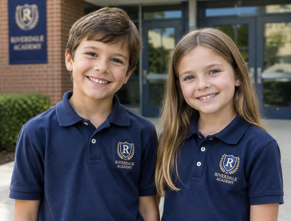 Two students wearing coordinated embroidered navy school uniform polos