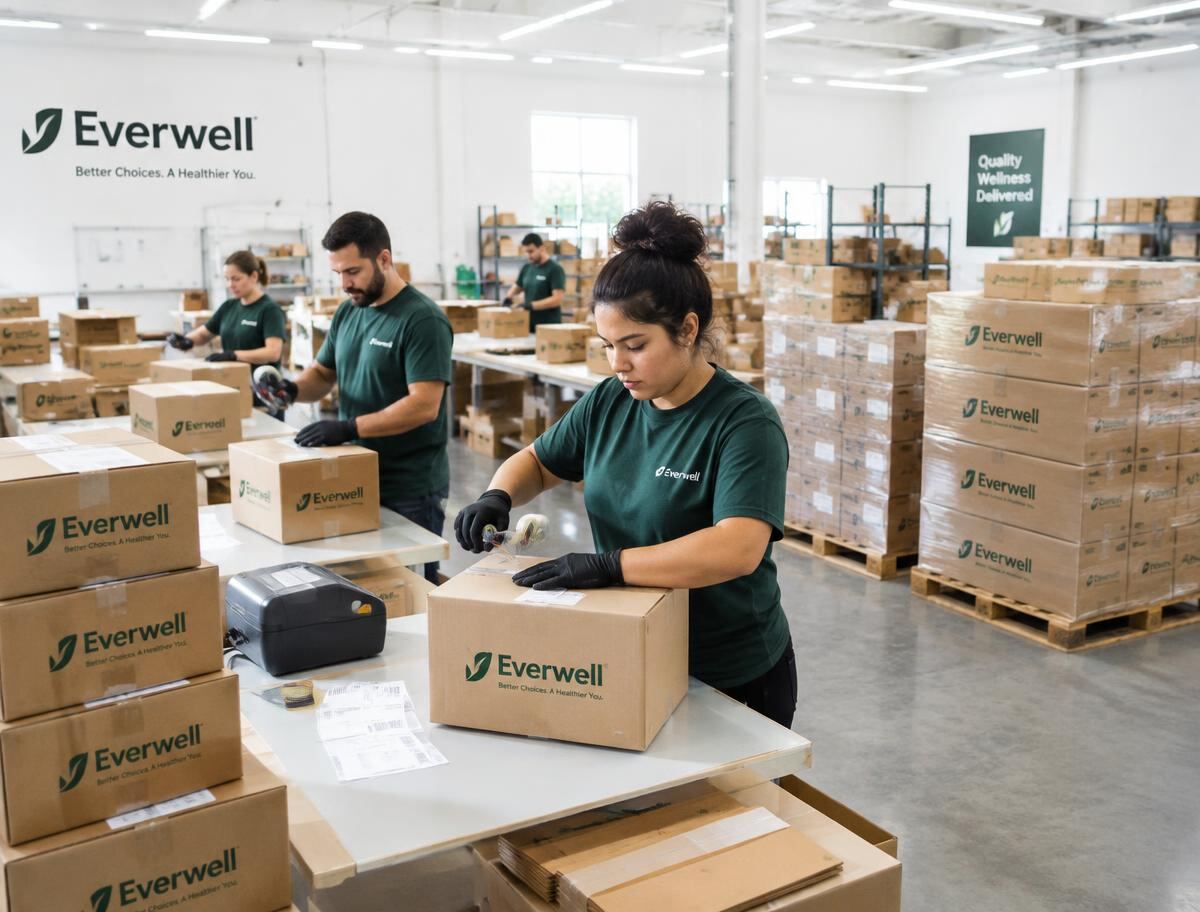 Fulfillment team packing and labeling branded shipping boxes