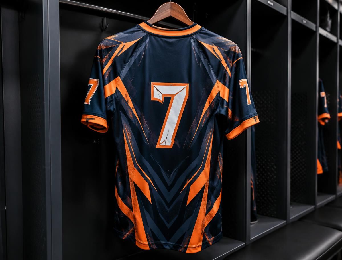 Custom navy and orange sublimated sports jersey with number 7 hanging in a locker room
