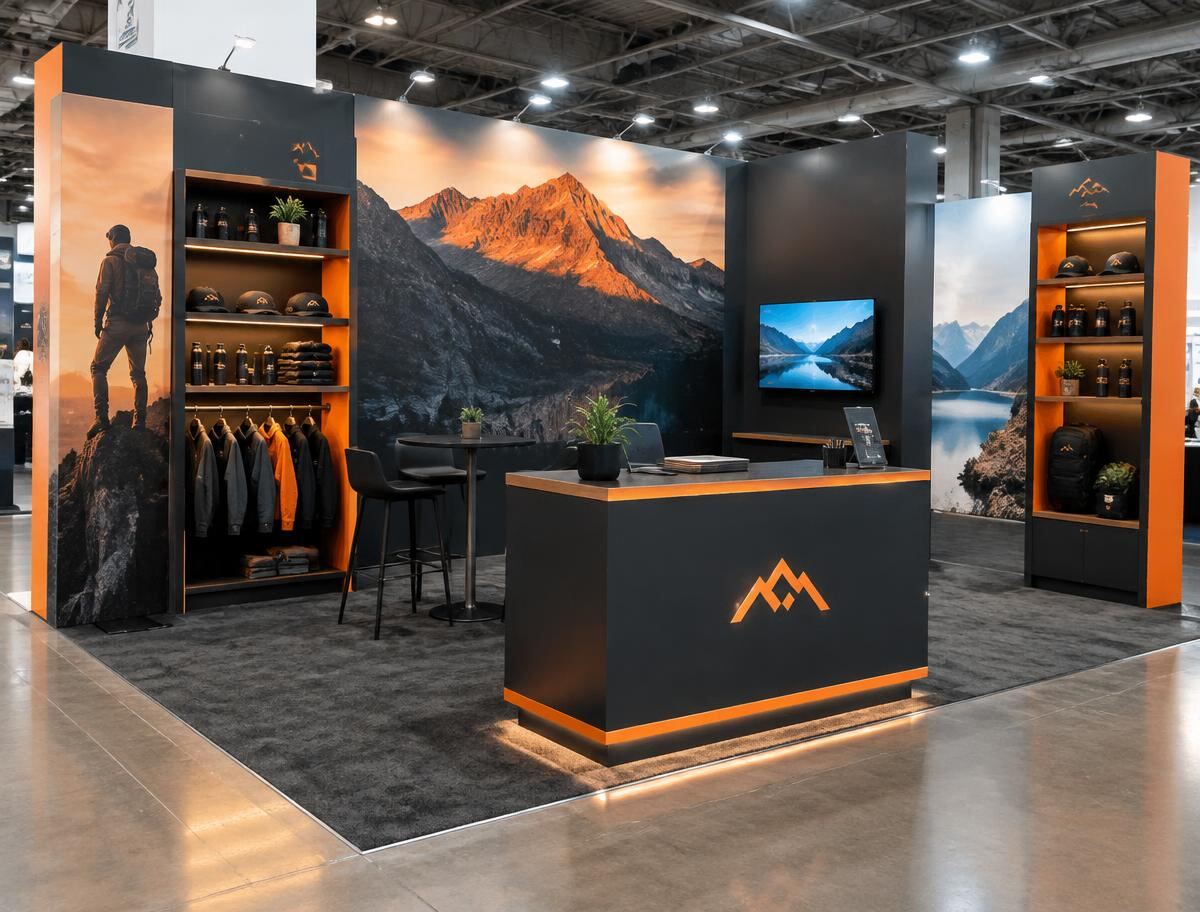 Branded indoor trade show booth with backdrop graphics, lit counter and merchandise displays