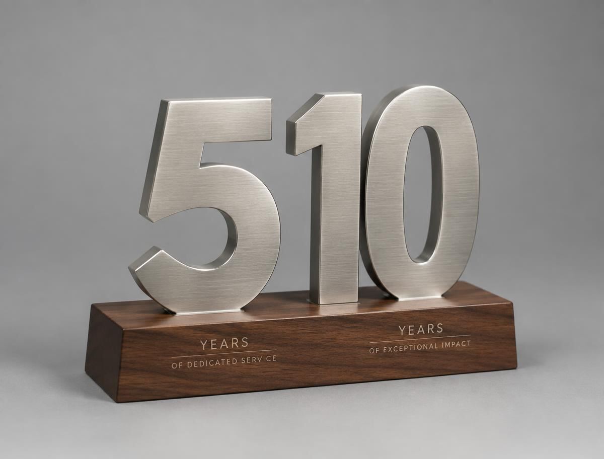 Brushed metal 5 and 10 year milestone service awards on a walnut base